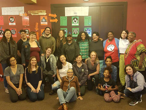 a group of 21 racially and age diverse people sit, kneel and stand in a room with red/brown walls. on the walls are posters demonstrating the path from extractive to regenerative economies.