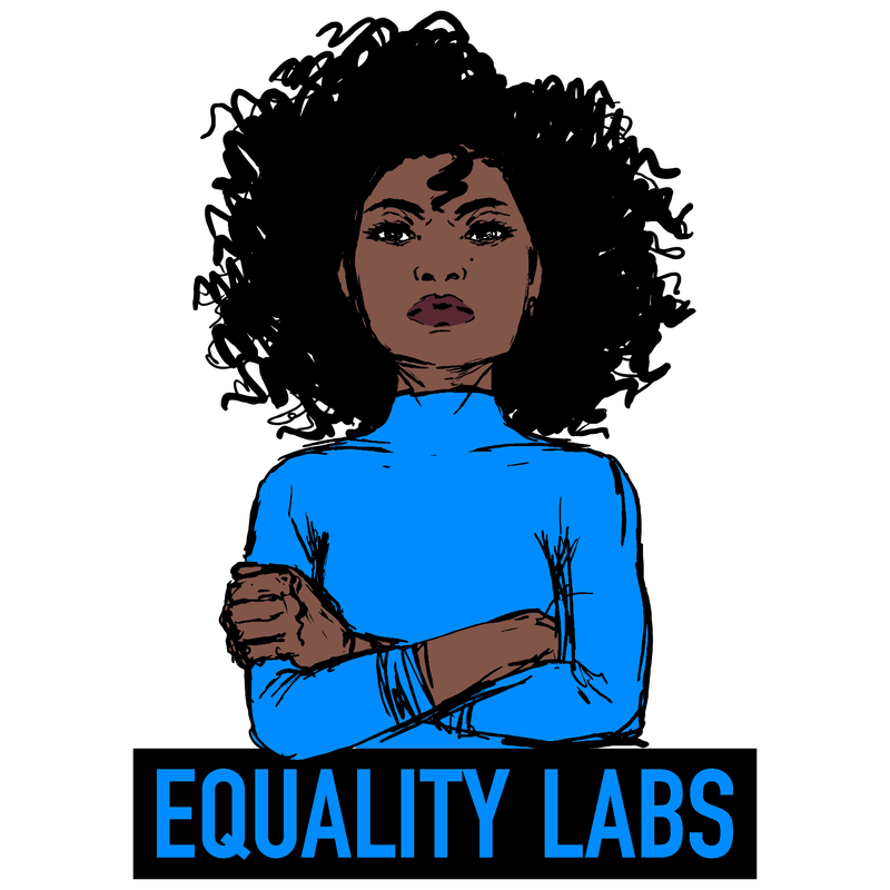 White background with a digital drawing of a darkskin person with short, black coiled/curly hair standing with their arms crossed on their chest. They are wearing a blue sweater and have a determined expression. Blue text in a black box at the bottom reads 